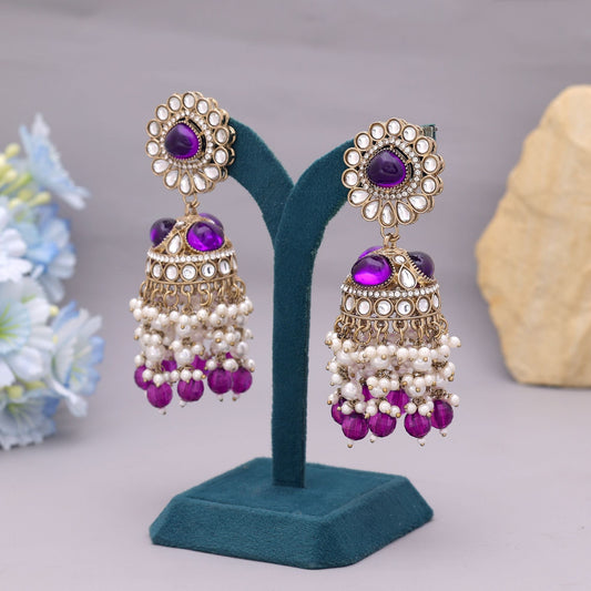 Purple Color Kundan Earrings Designed For Elegant Traditional Festive Styling