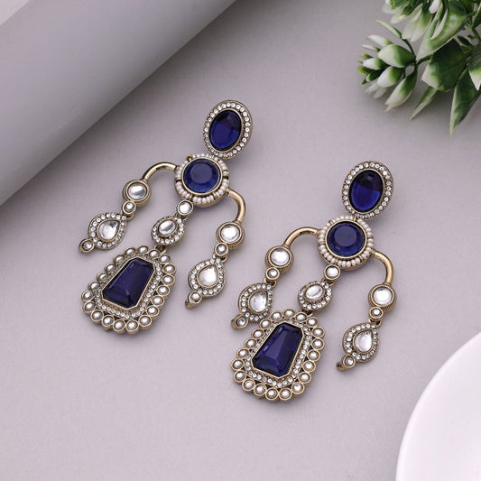 Blue Color Kundan Earrings Designed For Graceful Party And Festive Wear