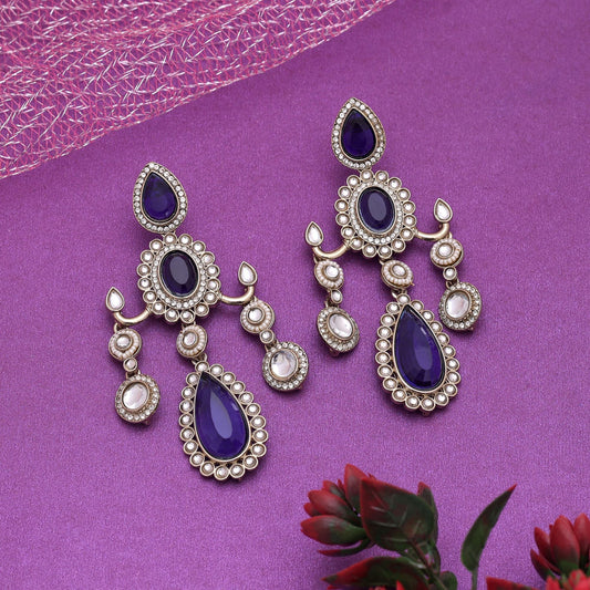 Blue Color Kundan Earrings Crafted For Elegant Ethnic Party Wear