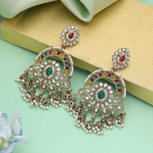 Multi Color Kundan Earrings Crafted For Wedding And Celebration Wear