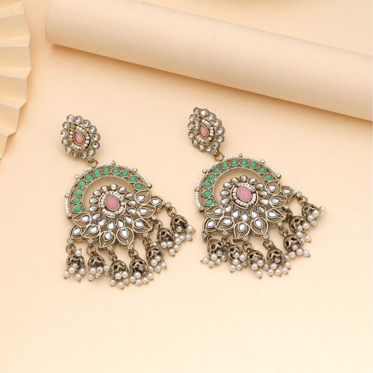 Pink & Pista Green Color Kundan Earrings With Dual Tone Elegance