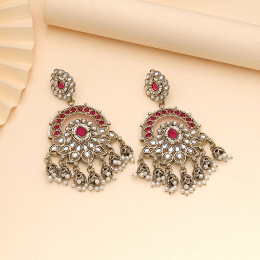 Rani Color Kundan Earrings Designed For Bridal And Festive Occasions