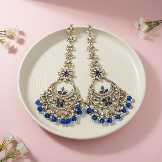 Blue Color Kundan Earrings With Elegant Kundan Earrings Tikka Set Finish