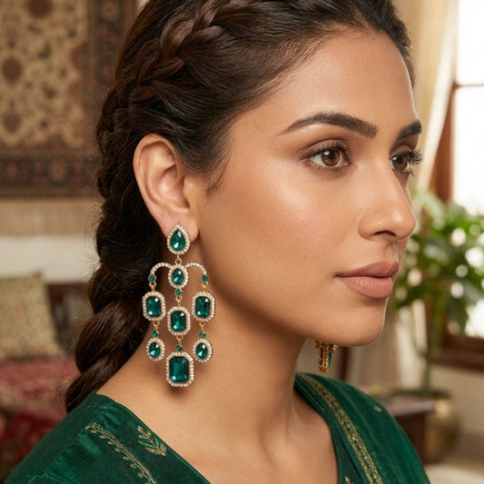 Green Color Classic Ethnic Kundan Earrings With Traditional Festive Jewelry Style
