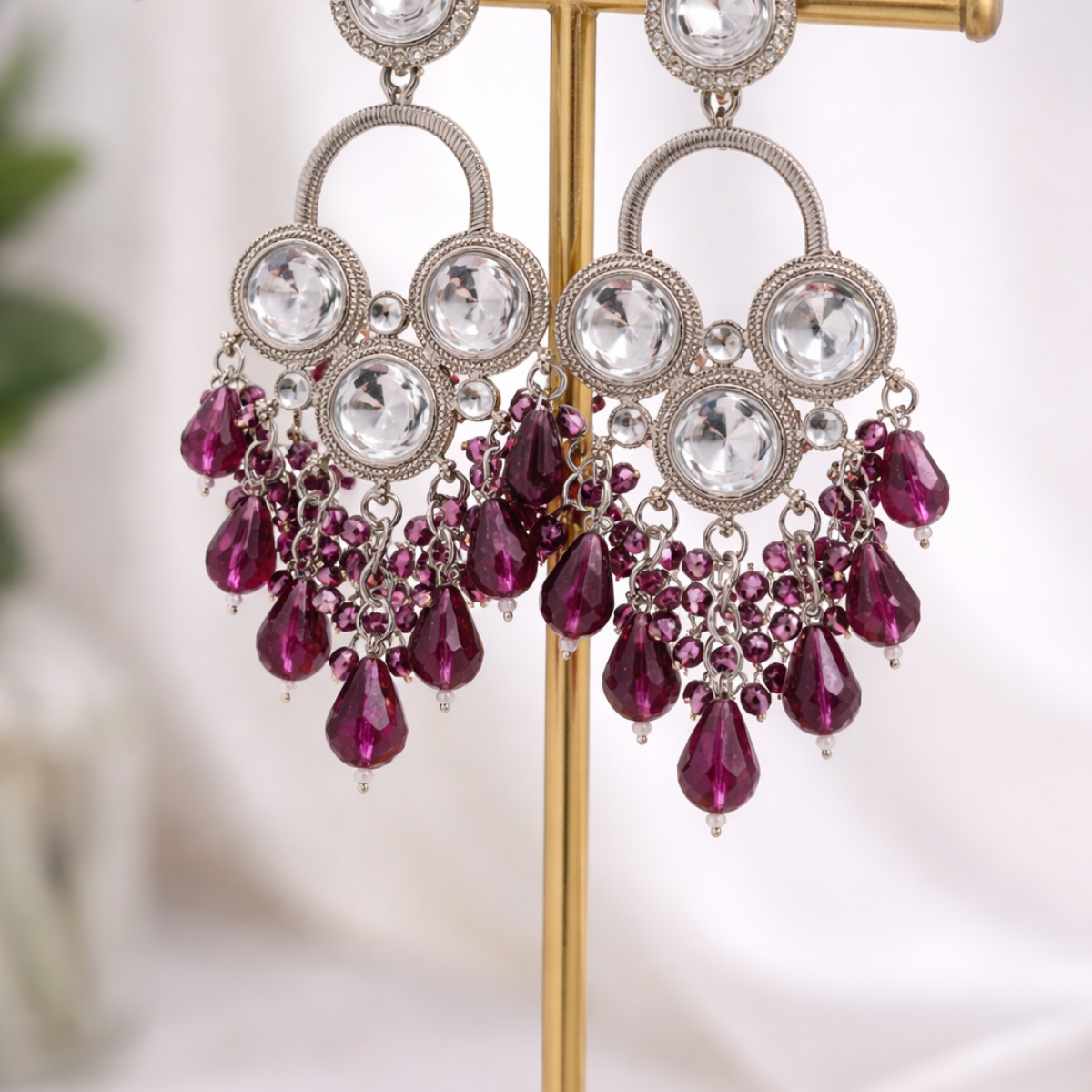 Purple Color Elegant Ethnic Kundan Earrings With Stylish Festive Jewelry Design