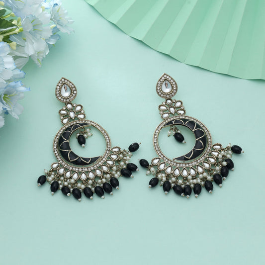 Black Color Meena Work Kundan Earrings Classic Ethnic Party Wear Jewelry Design