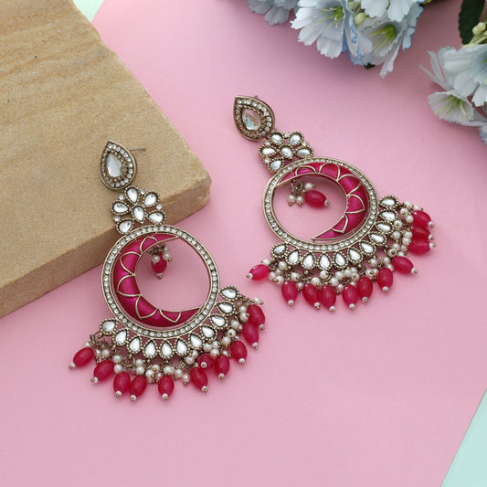 Rani Color Meena Work Kundan Earrings Elegant Festive Traditional Indian Jewelry Style