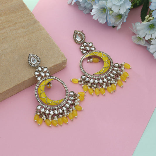 Yellow Color Meena Work Kundan Earrings Bright Festive Traditional Jewelry Statement