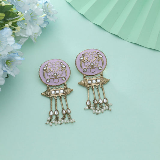 Light Purple Color Meena Work Kundan Earrings Elegant Traditional Designer Jewelry Style