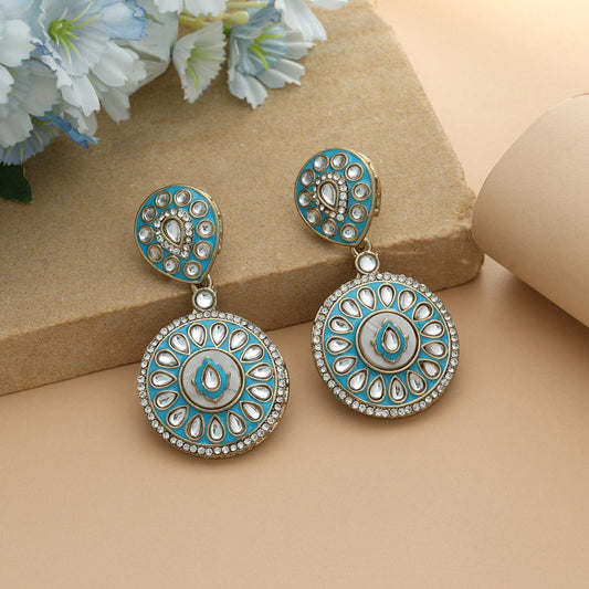 Rama Green Color Meena Work Kundan Earrings Classic Ethnic Designer Jewelry