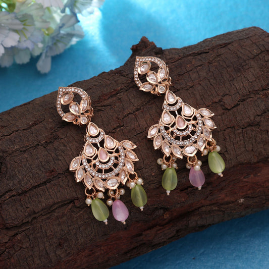 Light Pink & Light Green Color Polki Kundan Earrings with Elegant Designer Finish