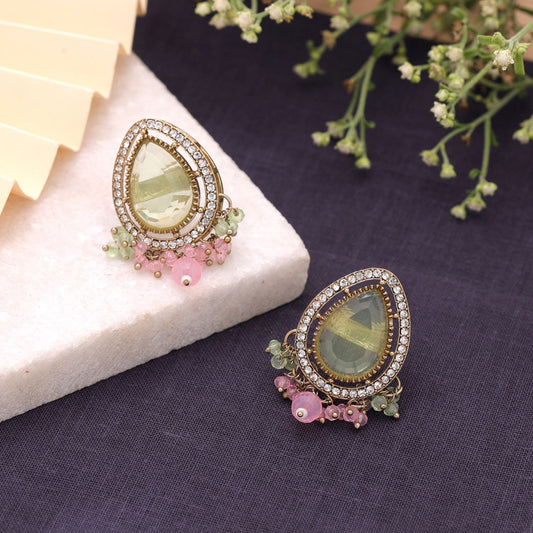 Lime Green & Pink Color Kundan Earrings Featuring Beautiful Designer Finish
