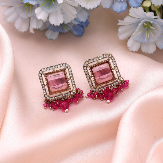 Pink Color Kundan Earrings Crafted for Beautiful Traditional Fashion Style