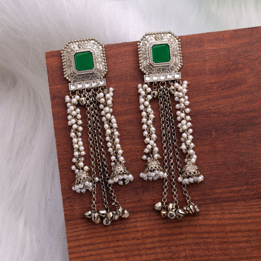Green Color Kashmiri Kundan Earrings Featuring Beautiful Festive Jewelry Style