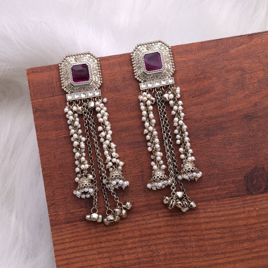 Purple Color Kashmiri Kundan Earrings Crafted for Royal Ethnic Fashion Look
