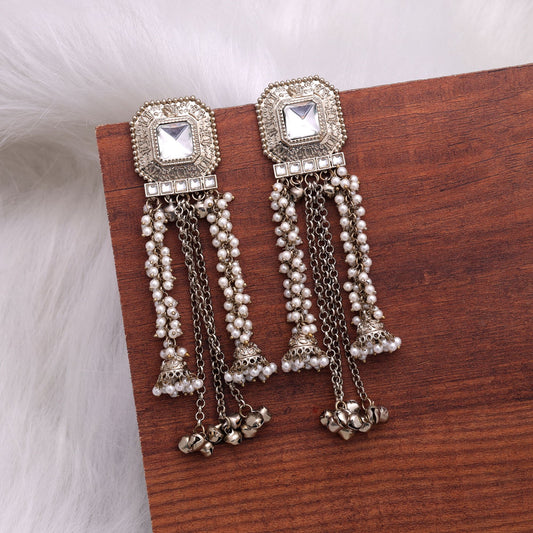 White Color Kashmiri Kundan Earrings with Elegant Traditional Fashion Appeal