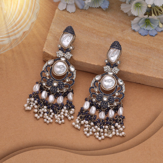 Royal Sapphire Blue Color Turkish Kundan Statement Earrings For Special Events