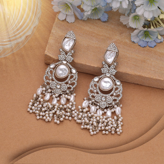 Classic Pristine White Color Turkish Kundan Pearl Earrings For Women Ethnic Wear