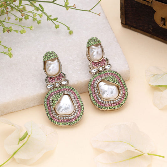 Pastel Light Pink & Light Green Color Turkish Kundan Earrings For Spring