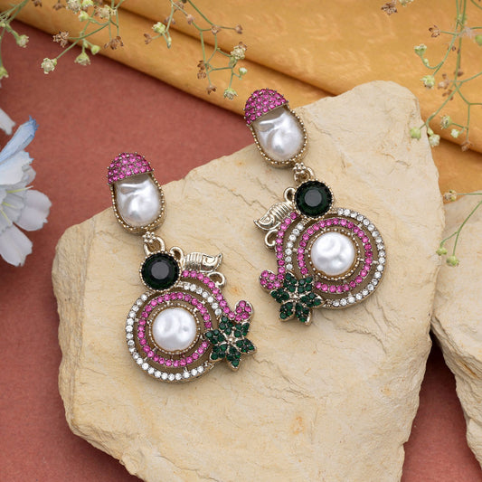 Dual Tone Pink & Green Color Turkish Kundan Chandbali Earrings For Women