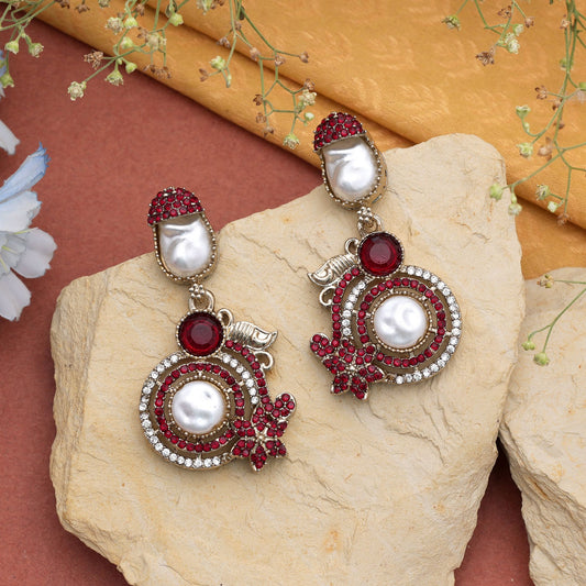Ornate Royal Maroon Color Turkish Kundan Chandbali Earrings For Wedding Outfits