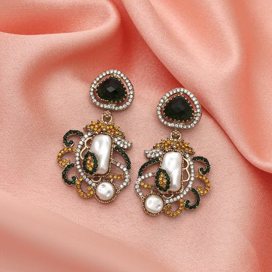 Bright Yellow & Green Color Turkish Kundan Jhumka Earrings For Ceremonies