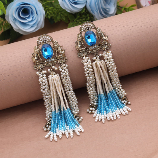 Captivating Teal Rama Green Color Kundan Drop Earrings For Designer Outfits