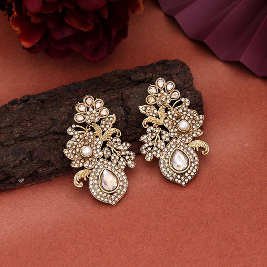 Opulent Sheen Gold Color Turkish Kundan Earrings Crafted Specially For Royal Outfits