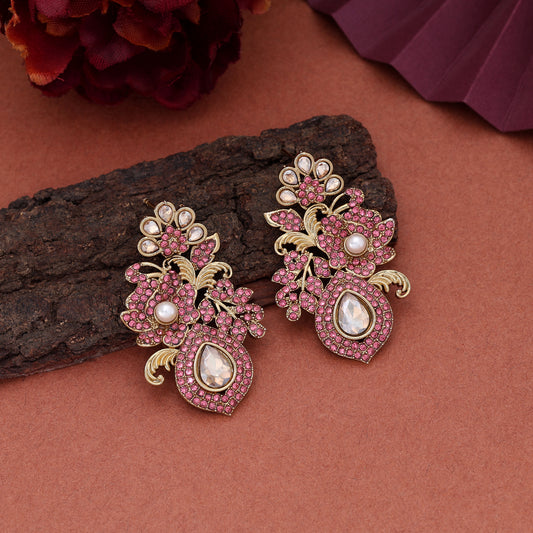 Radiant Gold & Pink Color Turkish Kundan Earrings Tailored Specially For Bridesmaids