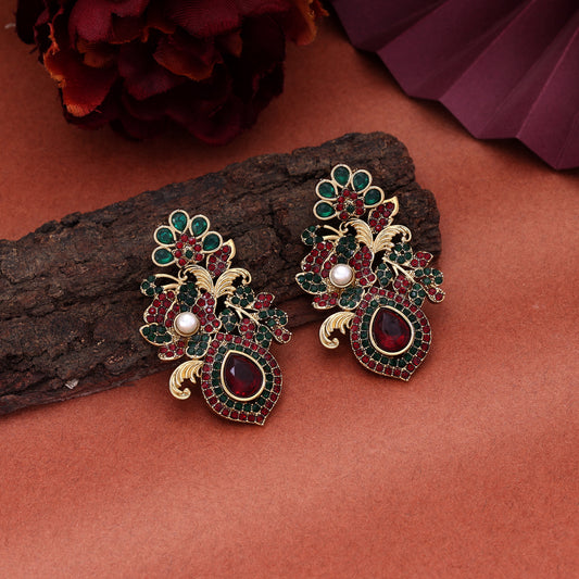 Dual Tone Maroon Green Color Turkish Kundan Earrings Styled Specially For Weddings