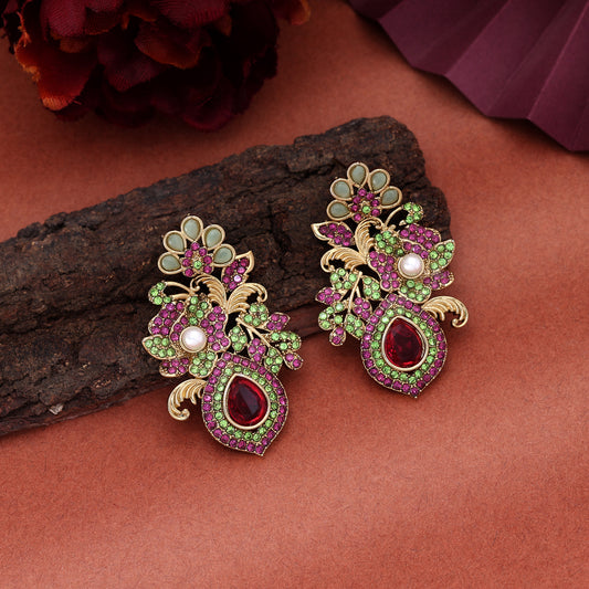 Charming Pink & Green Color Turkish Kundan Earrings Styled For Traditional Celebrations