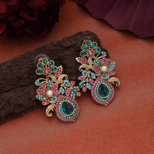 Vibrant Rama Green & Pink Color Turkish Kundan Earrings For Special Functions
