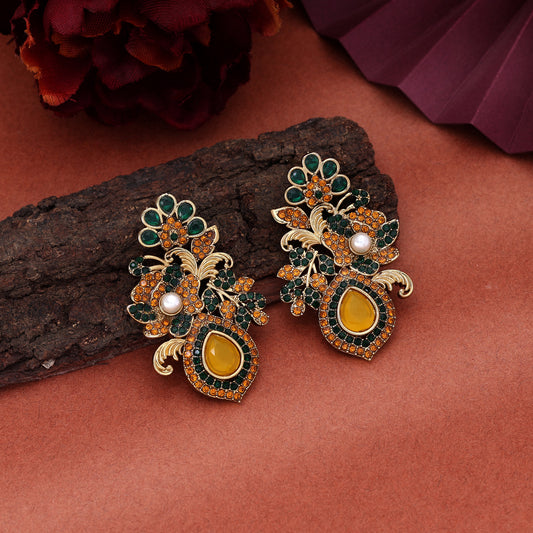 Lively Yellow & Green Color Turkish Kundan Earrings Ideal For Festive Ritual Wear