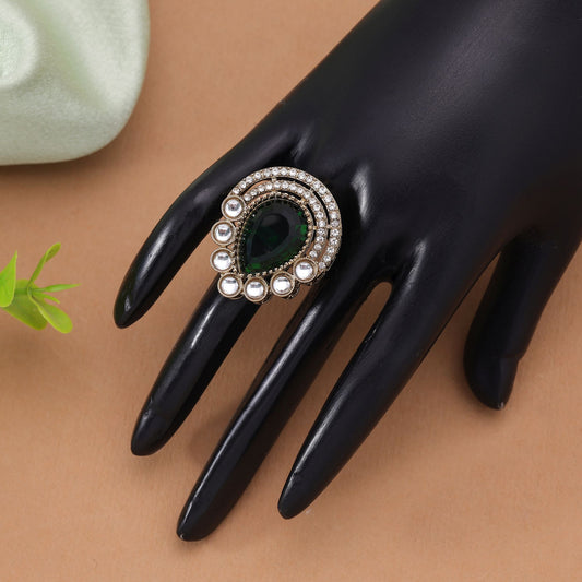 Green Color Kundan Ring Crafted with Premium Traditional Festive Designer Finish
