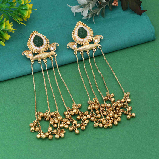 Green Color Royal Ethnic Style Long Kasmiri Earrings For Women And Girls
