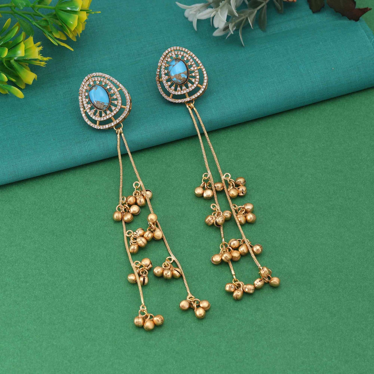 Firozi Color Stunning Handmade Long Kashmiri Earrings For Elegant Ethnic Fashion