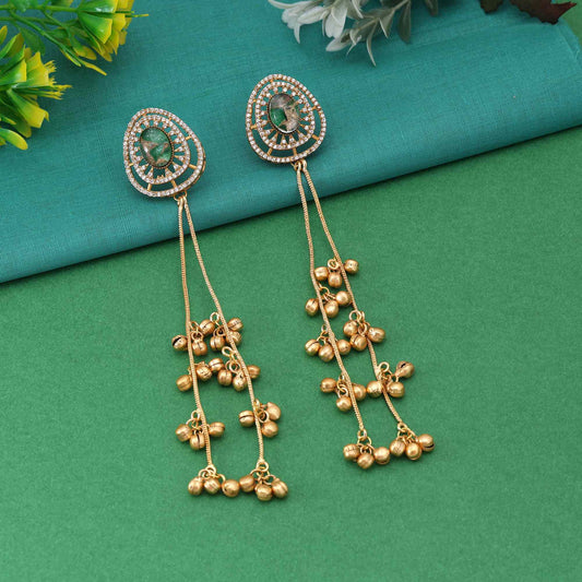 Green Color Antique Style Long Kasmiri Earrings For Traditional And Ethnic Functions