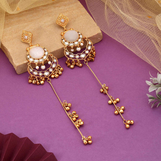 White Color Delicate Traditional Long Kasmiri Earrings For Brides And Women