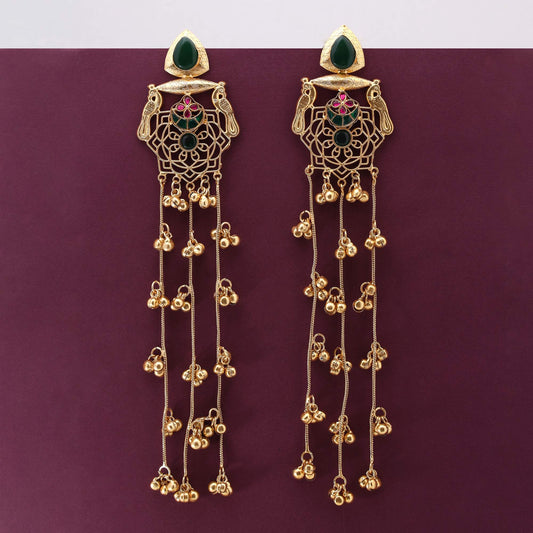 Green Color Royal Antique Finish Long Kasmiri Earrings For Elegant Dressing