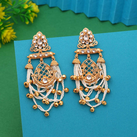 White Color Classic Handmade Long Kasmiri Earrings For Wedding And Party Wear