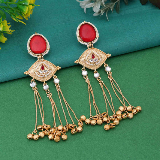 Red Color Eye-Catching Ethnic Long Kasmiri Earrings For Wedding And Party Outfits