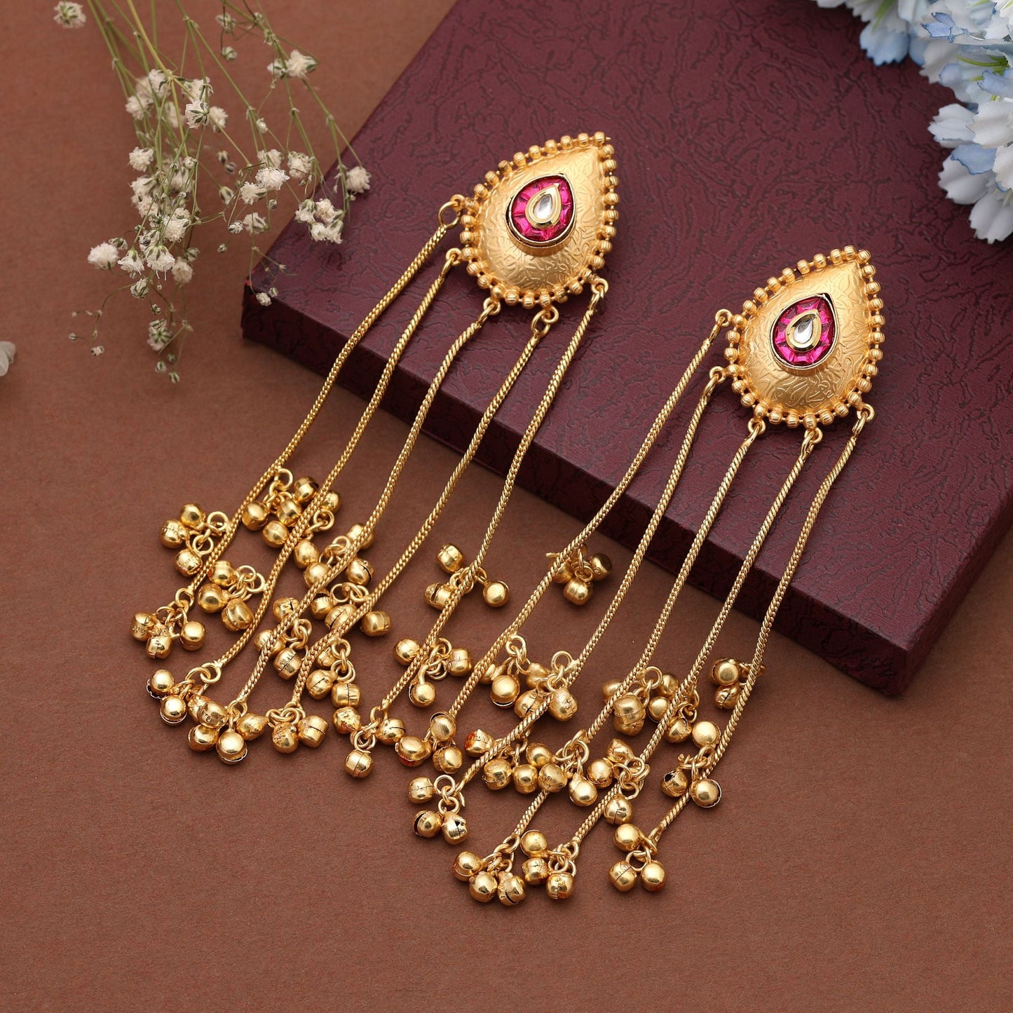 Rani Color Long Kasmiri Earrings Offering Vibrant Traditional Elegance For Special Cultural Occasions