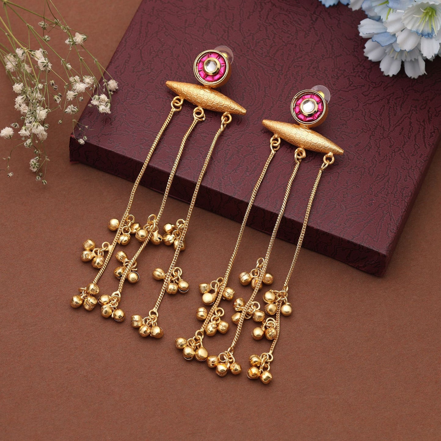 Rani Color Long Kasmiri Earrings Designed To Provide Rich Cultural Elegance For Celebrations