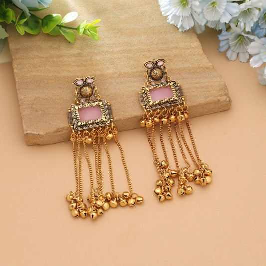 Pink Color Elegant Ethnic Long Kasmiri Earrings With Traditional Festive Jewelry Design