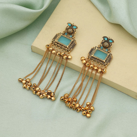 Sky Blue Color Stylish Party Wear Long Kasmiri Earrings With Elegant Design