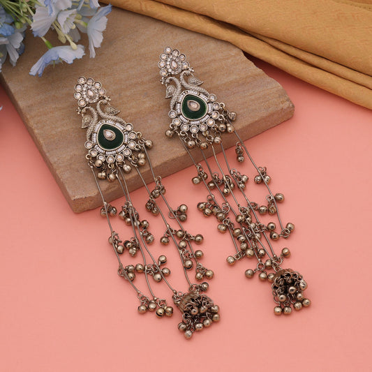 Green Color Stylish Traditional Long Kasmiri Earrings With Elegant Ethnic Design