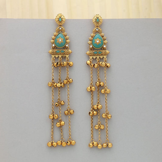 Rama Green Color Long Kasmiri Earrings Heritage Ethnic Jewelry With Stylish Design