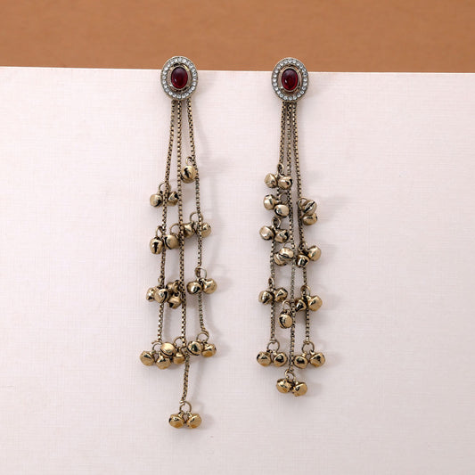 Red Color Long Kasmiri Earrings Featuring Stylish Ethnic Fashion Wear Appeal