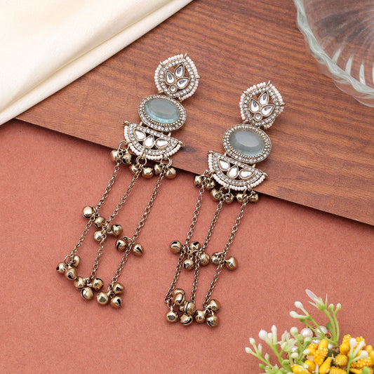 Aqua Blue Color Long Kasmiri Earrings with Elegant Traditional Fashion Style