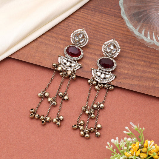 Red & Gold Color Long Kasmiri Earrings Featuring Elegant Festive Jewelry Design